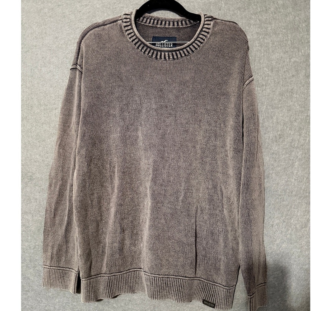 Hollister Ribbed Crewneck Sweater L Grey Acid Wash Grunge Surf Coastal Skater